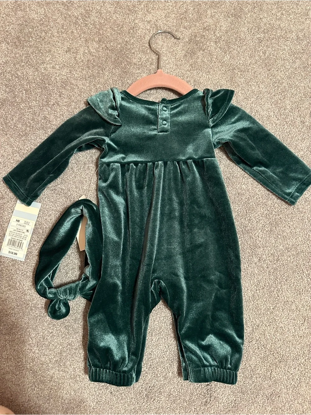 NWT- Velvet Emerald Green Baby Romper with bow-cat and jack- NB